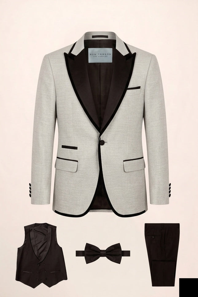 Ron Tomson Contrast Trim Peak Lapel Tuxedo Set - Grey