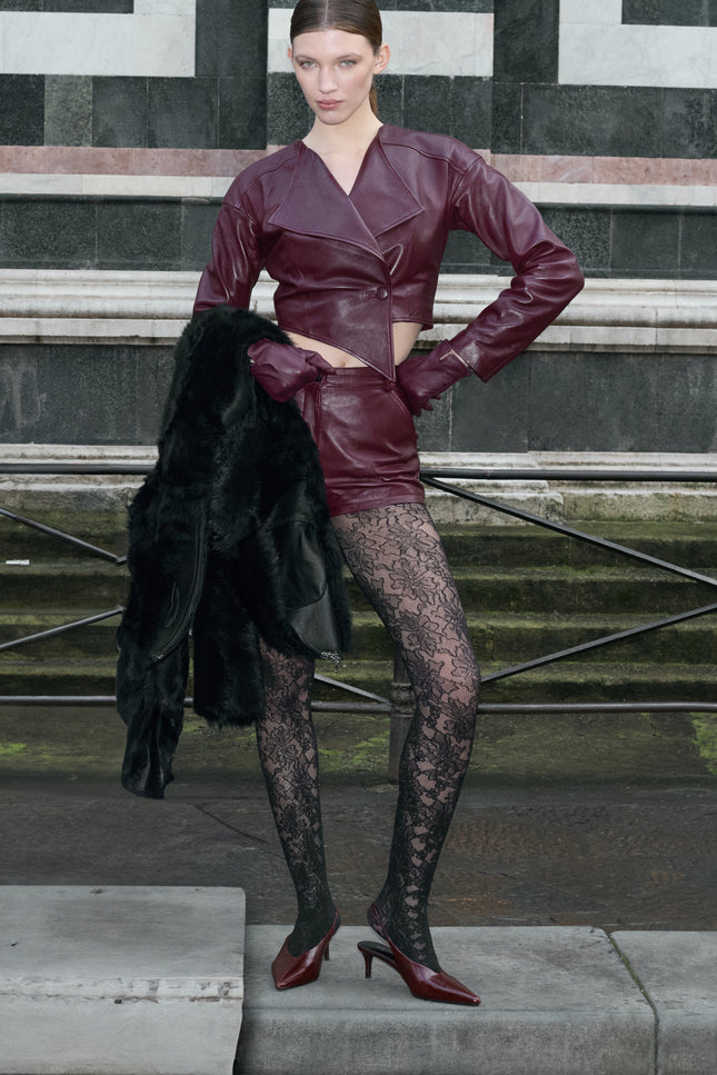 Women's Cropped Asymmetrical Leather Blazer - Burgundy | Ron Tomson