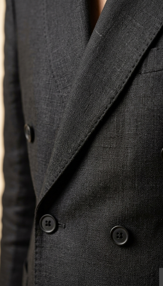 Men's Double Breasted Linen Suit - Black - Detail - Ron Tomson