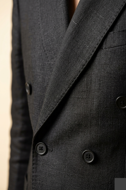 Men's Double Breasted Linen Suit - Black - Detail - Ron Tomson