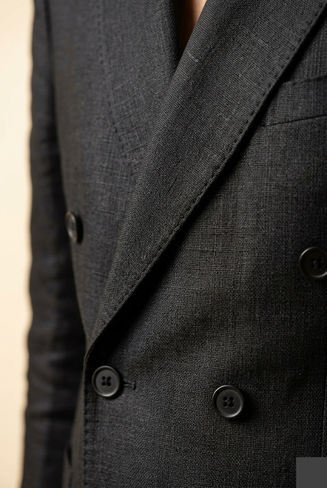 Men's Double Breasted Linen Suit - Black - Detail - Ron Tomson