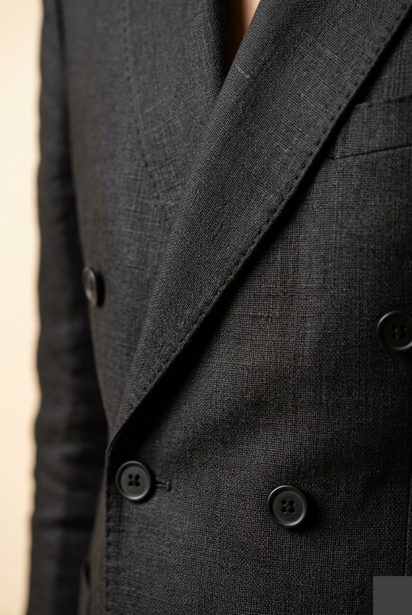 Men's Double Breasted Linen Suit - Black - Detail - Ron Tomson
