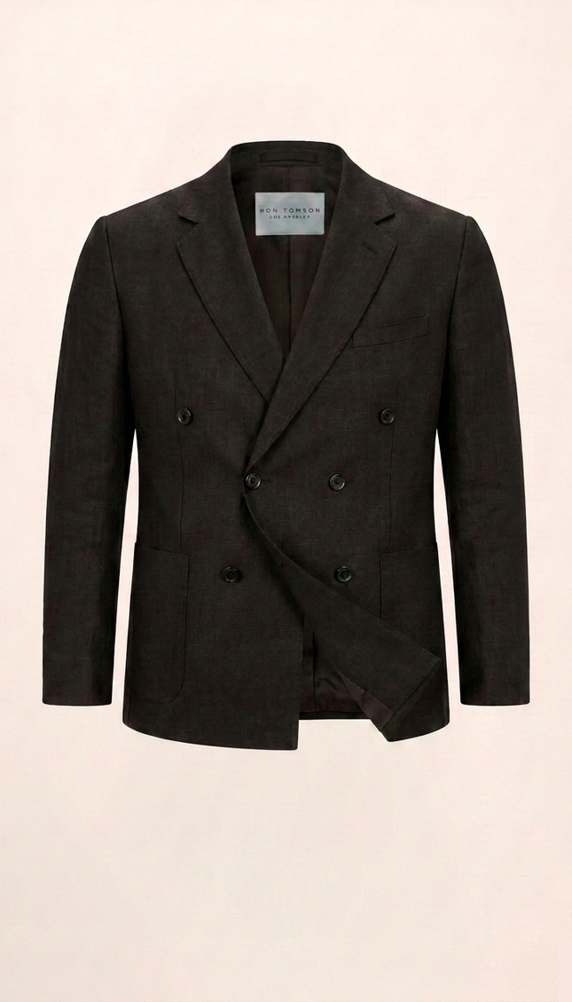 Men's Double Breasted Linen Jacket - Black - Ron Tomson