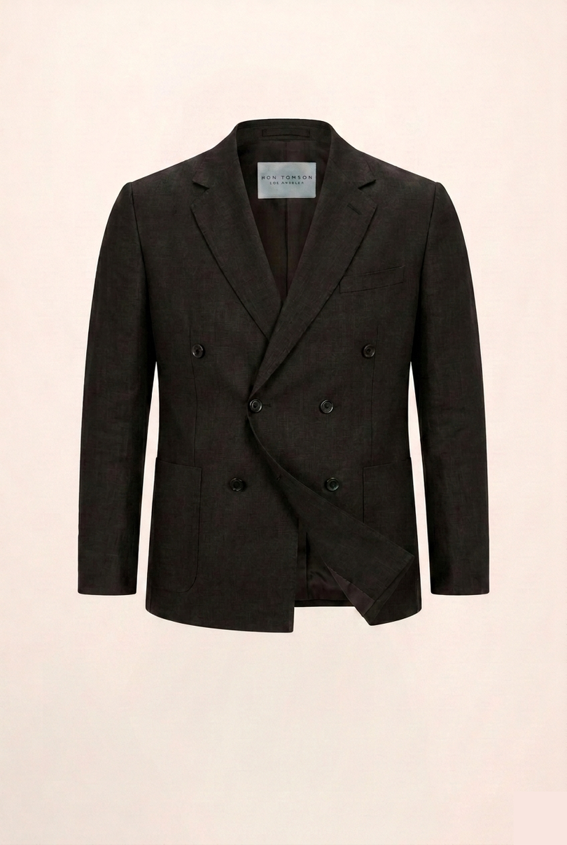 Men's Double Breasted Linen Jacket - Black - Ron Tomson