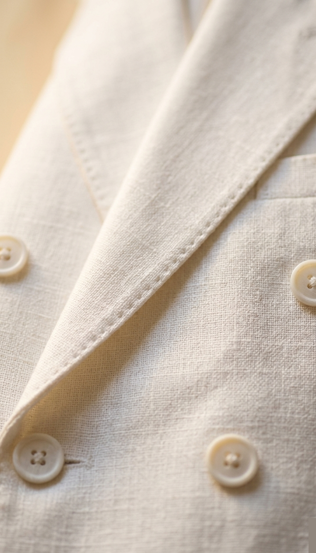 Men's Double Breasted Linen Suit - White - Detail - Ron Tomson