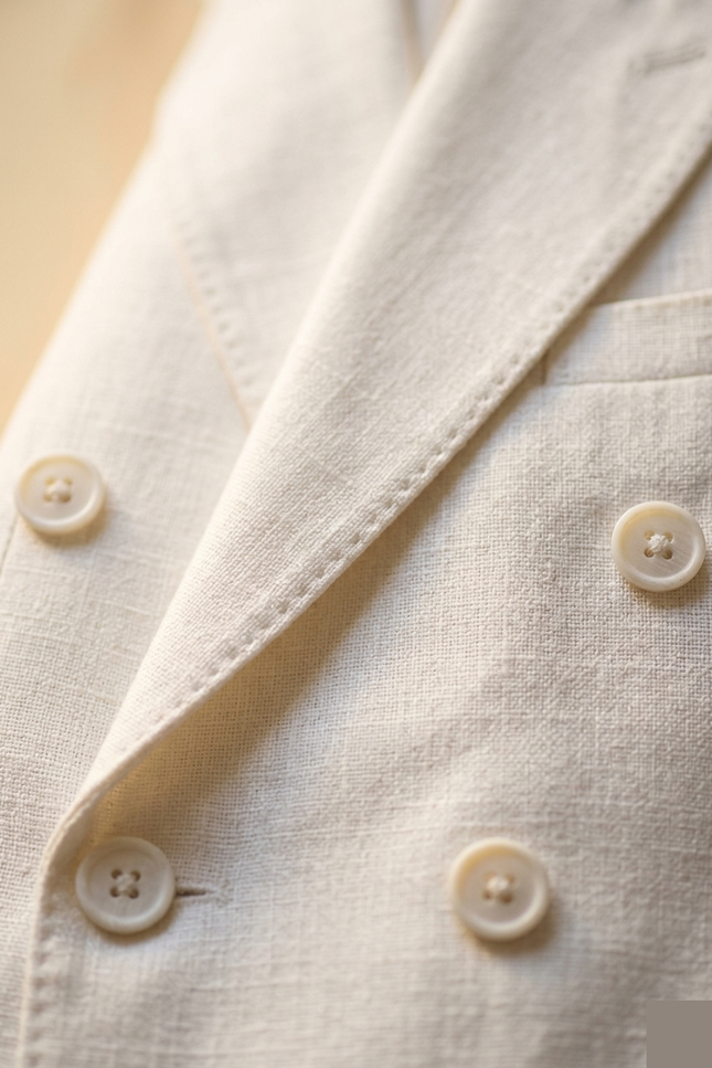 Men's Double Breasted Linen Suit - White - Detail - Ron Tomson