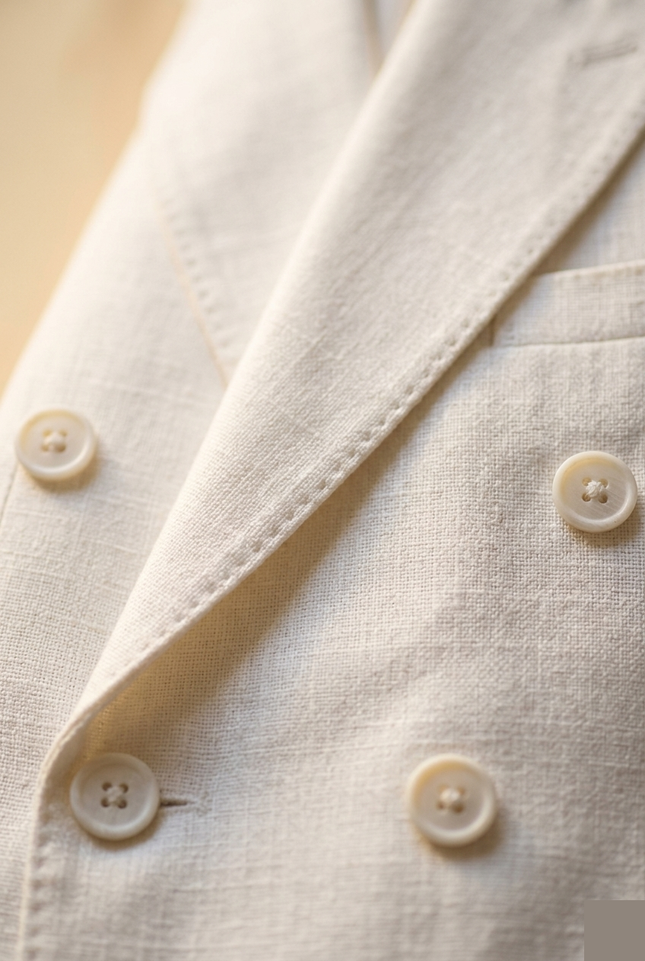 Men's Double Breasted Linen Suit - White - Detail - Ron Tomson