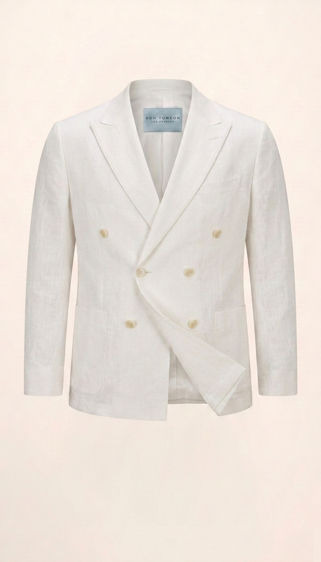 Men's Double Breasted Linen Jacket - White - Ron Tomson