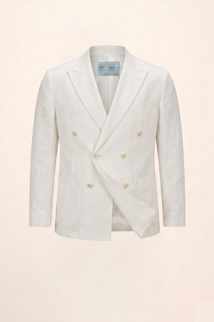 Men's Double Breasted Linen Jacket - White - Ron Tomson