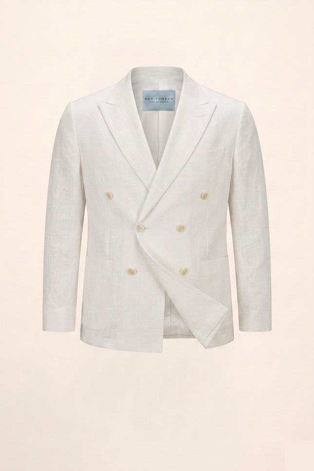 Men's Double Breasted Linen Jacket - White - Ron Tomson