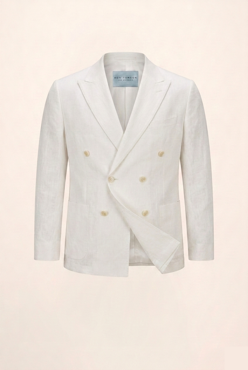 Men's Double Breasted Linen Jacket - White - Ron Tomson