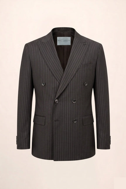 Ron Tomson Pinstripe Peak Lapel Double Breasted Suit - Black
