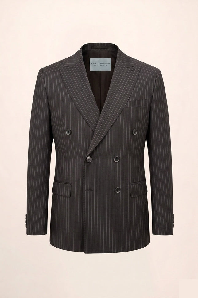 Ron Tomson Pinstripe Peak Lapel Double Breasted Suit - Black