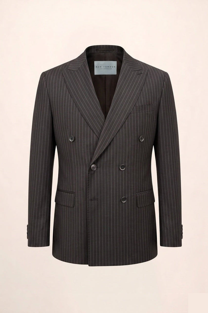 Ron Tomson Pinstripe Peak Lapel Double Breasted Suit - Black