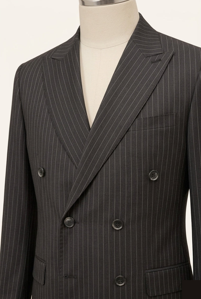 Ron Tomson Pinstripe Peak Lapel Double Breasted Suit - Black