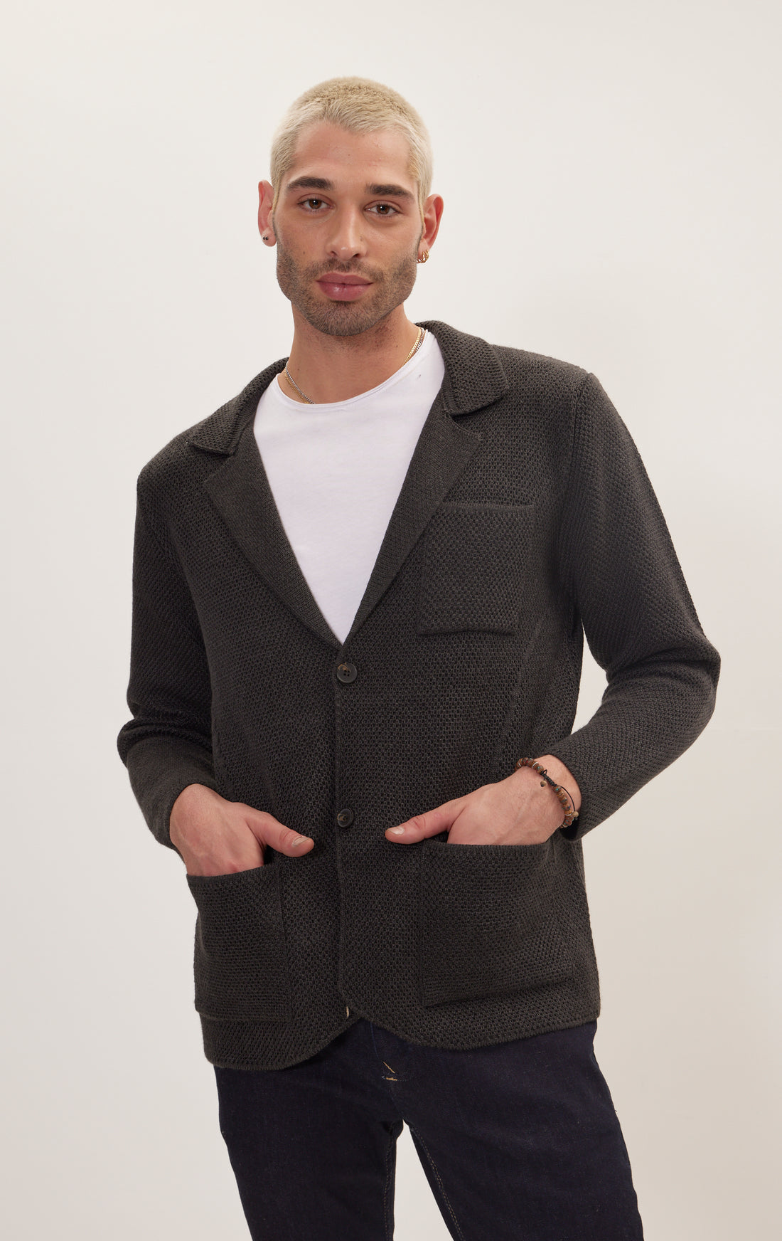 Knitted Notch Laper Fitted Blazer - Anthracite