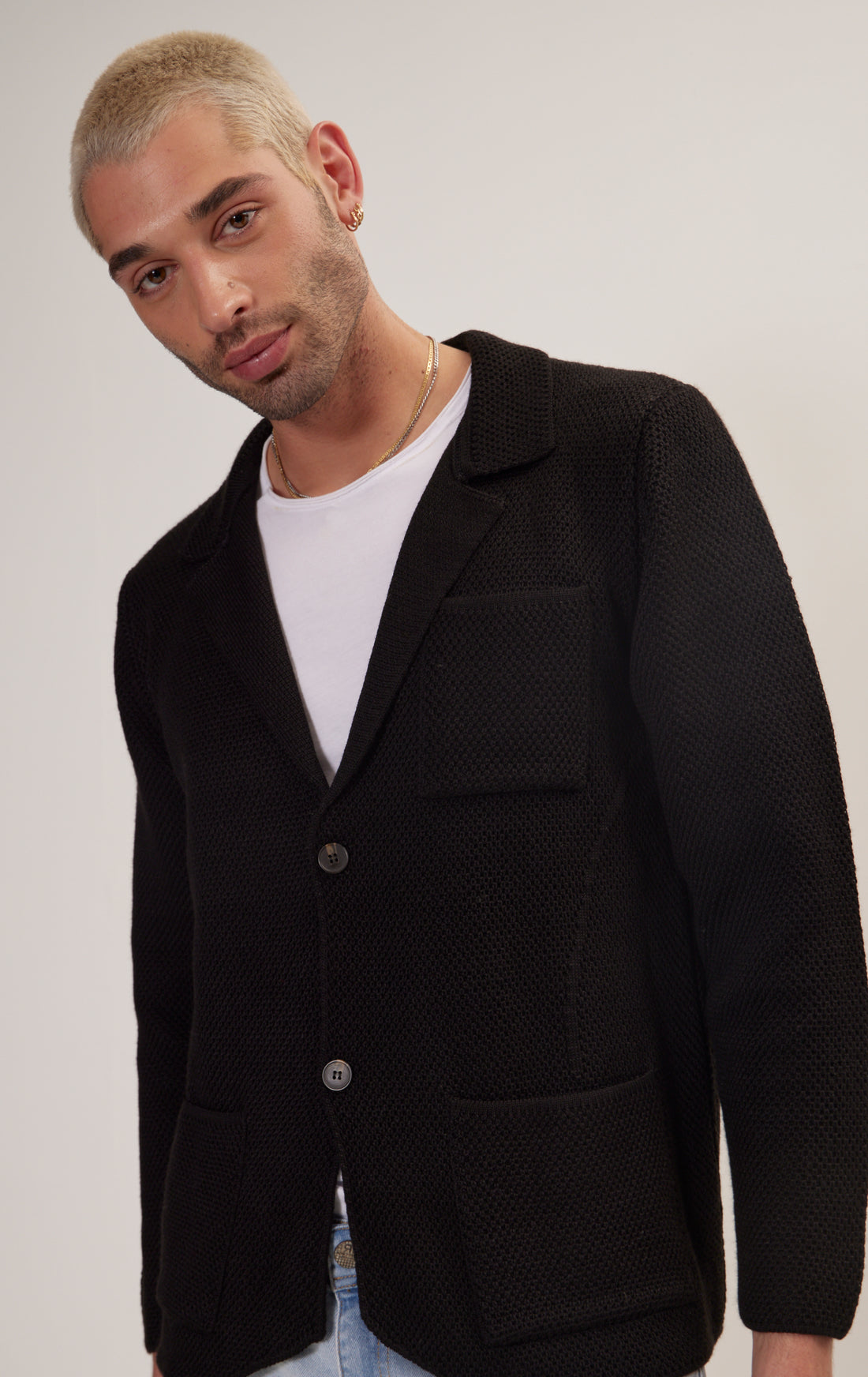 Knitted Notch Laper Fitted Blazer - Black