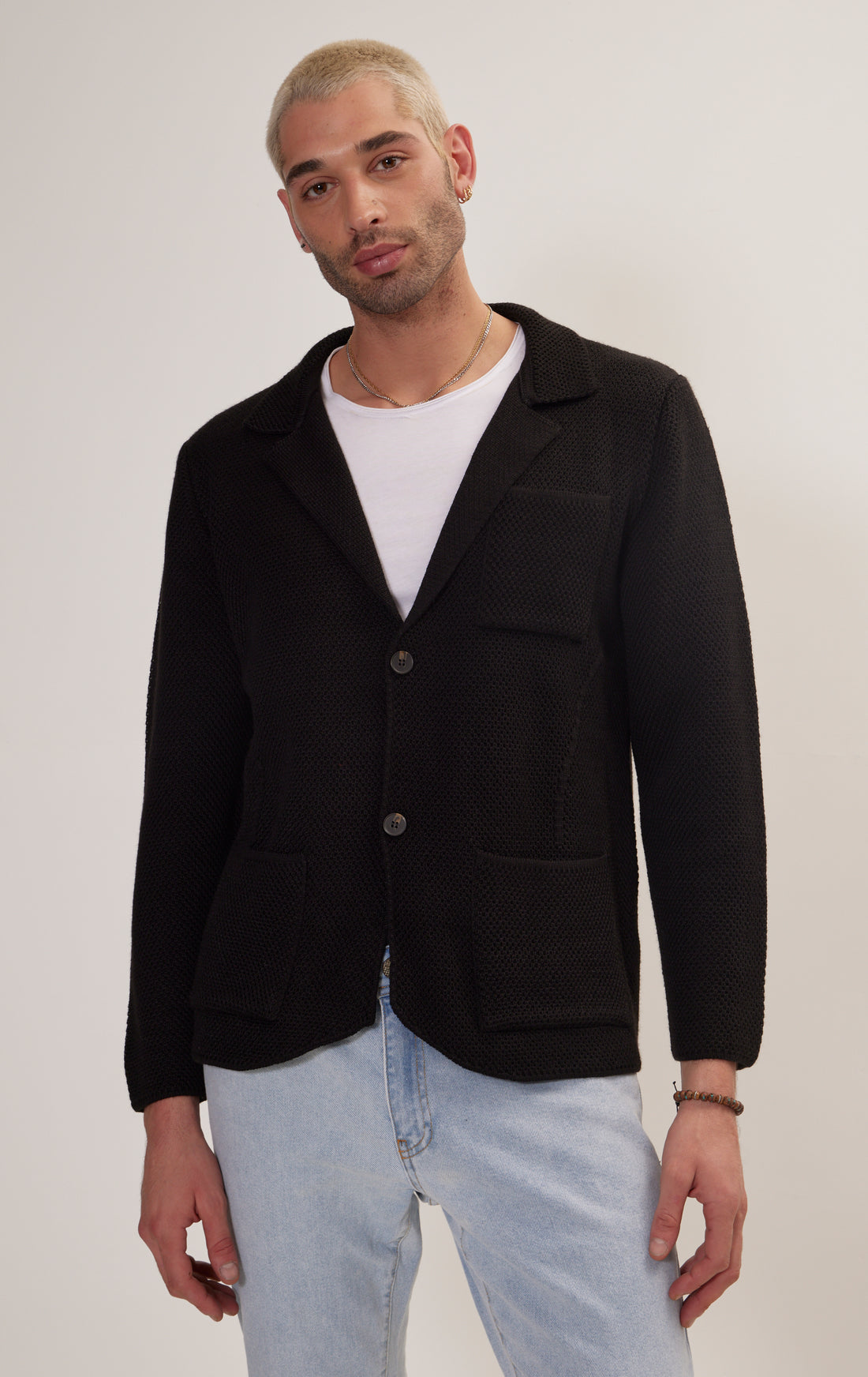 Knitted Notch Laper Fitted Blazer - Black