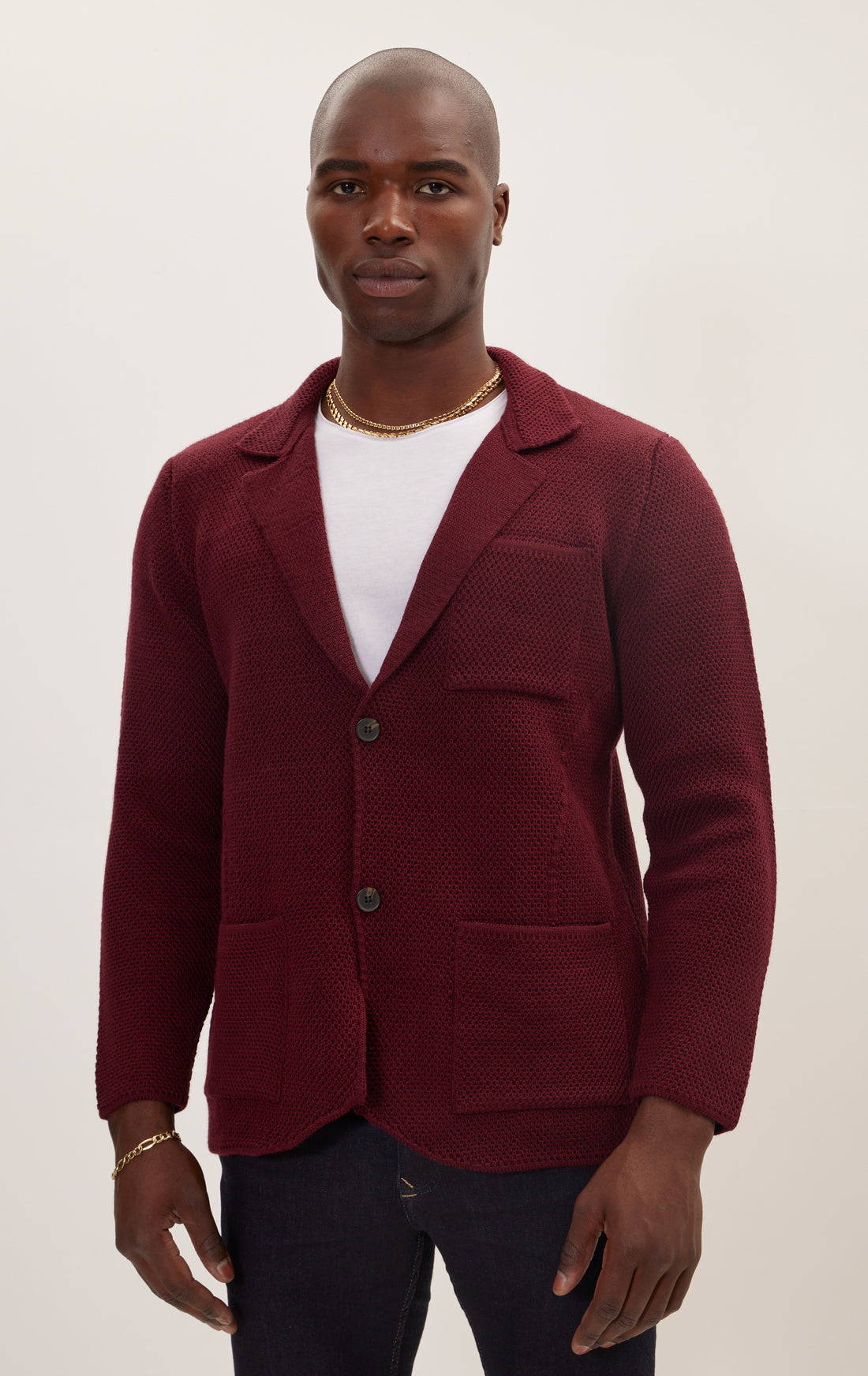 Knitted Notch Laper Fitted Blazer - Burgundy