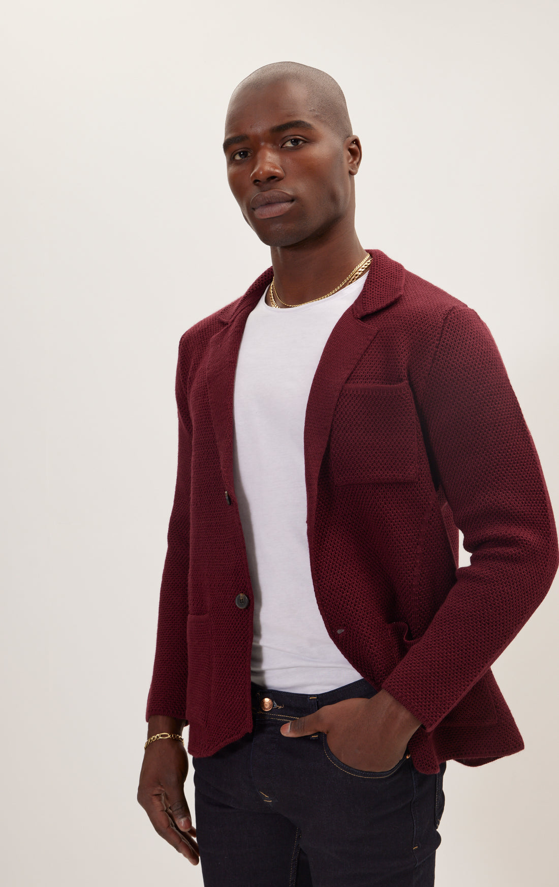Knitted Notch Laper Fitted Blazer - Burgundy
