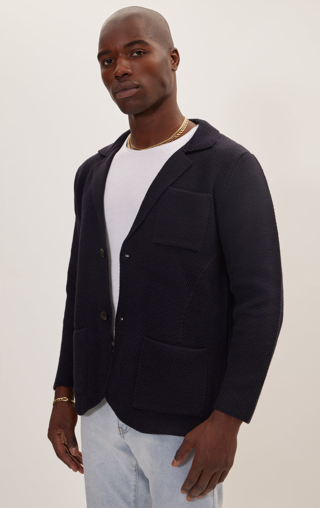 Knitted Notch Laper Fitted Blazer - Navy