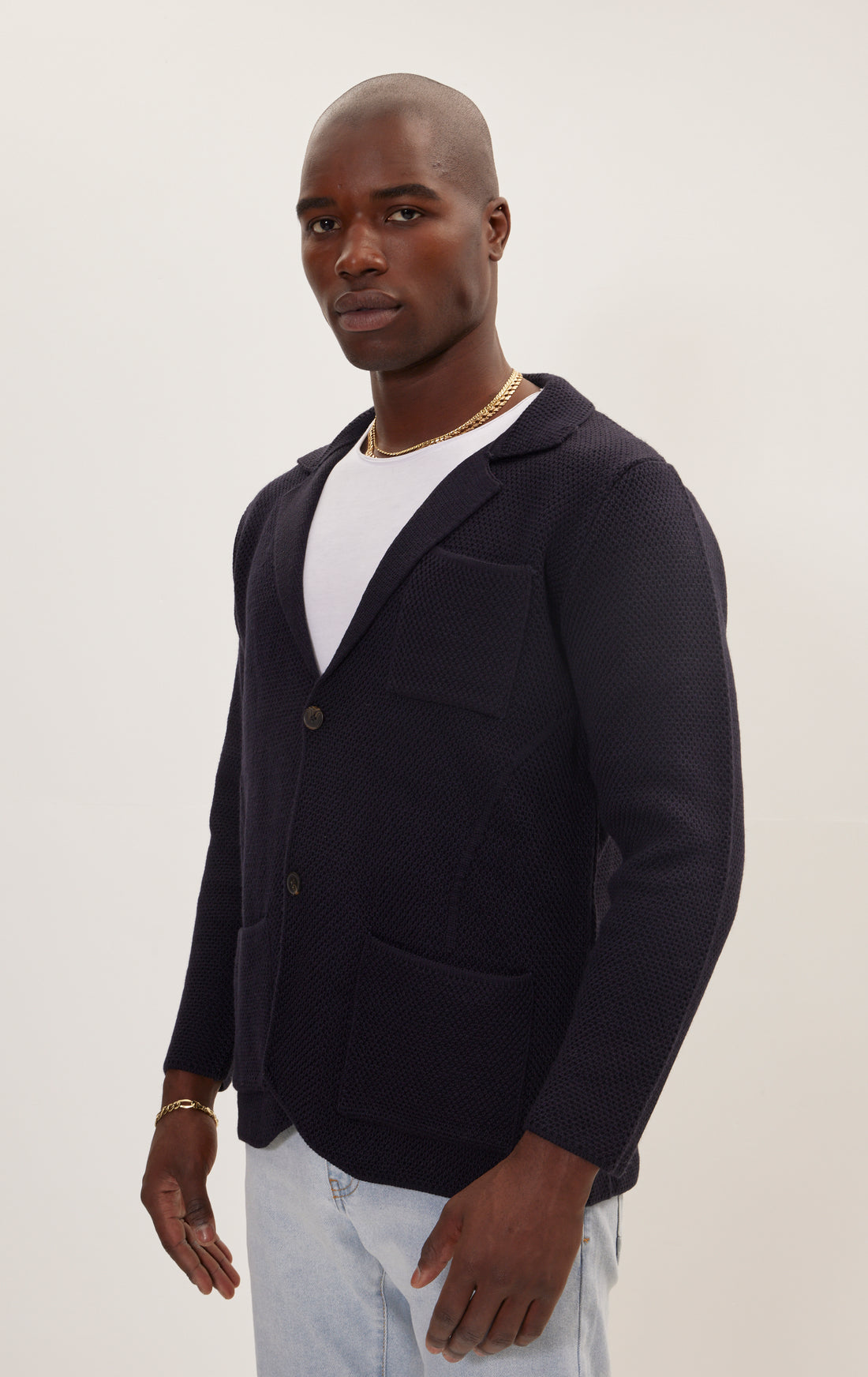 Knitted Notch Laper Fitted Blazer - Navy