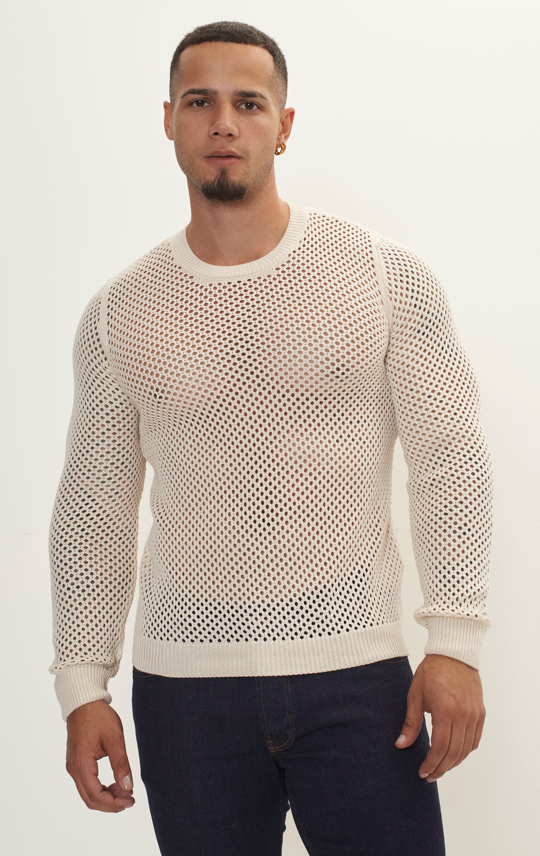 See Through Fishnet Muscle Fit Shirt - Beige