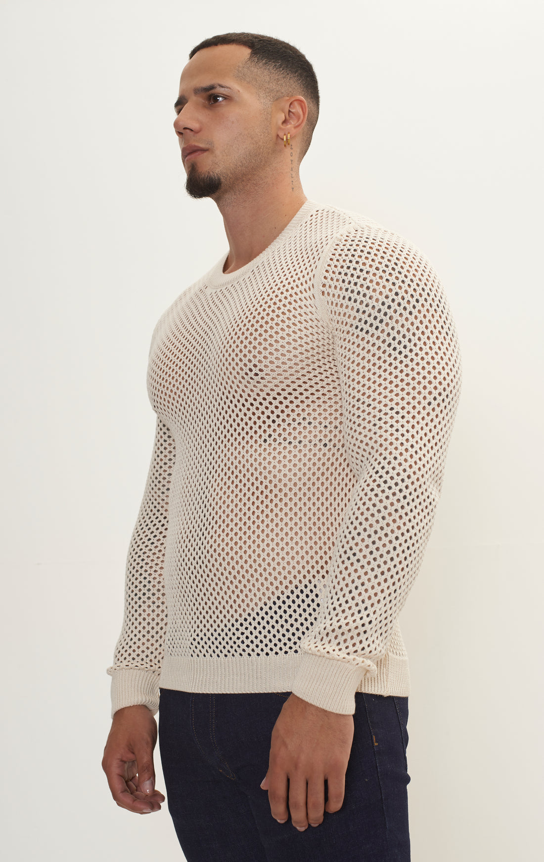 See Through Fishnet Muscle Fit Shirt - Beige