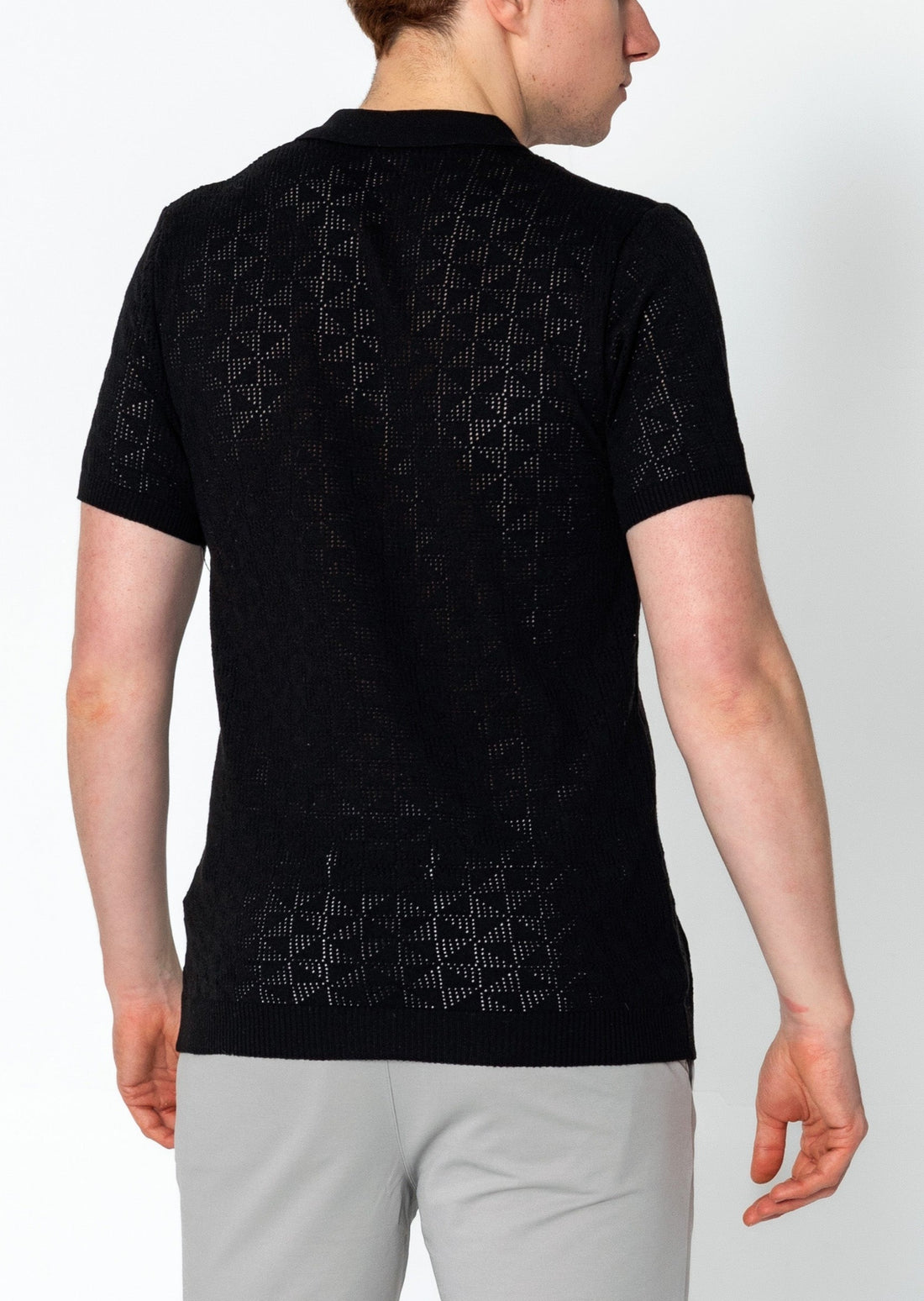Geometric Crochet Knit Polo - Black