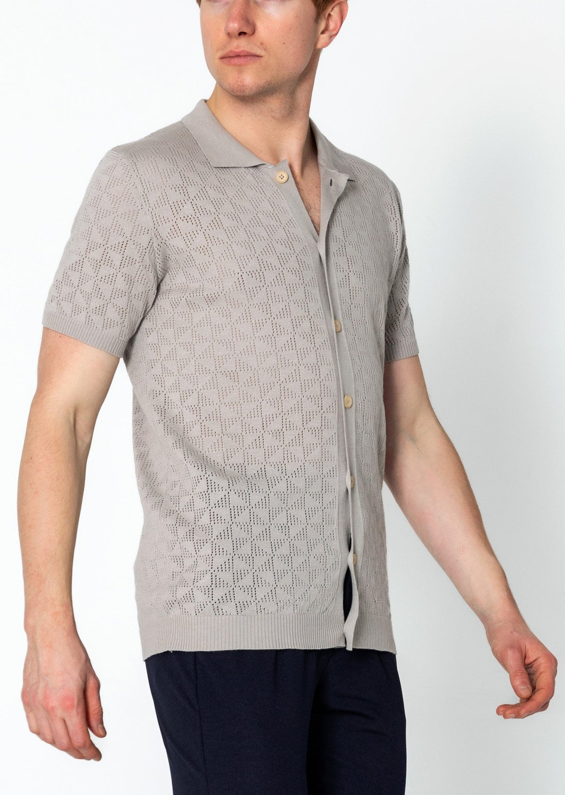 Geometric Crochet Knit Polo - Grey