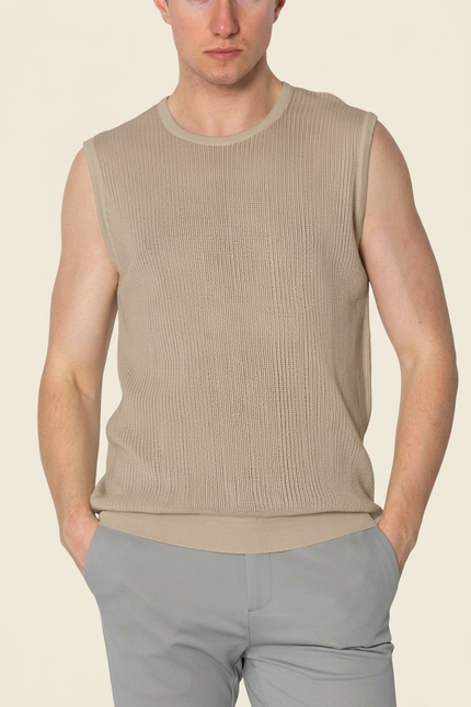 Men's Mesh Knit Tank Top - Beige - Back - Ron Tomson
