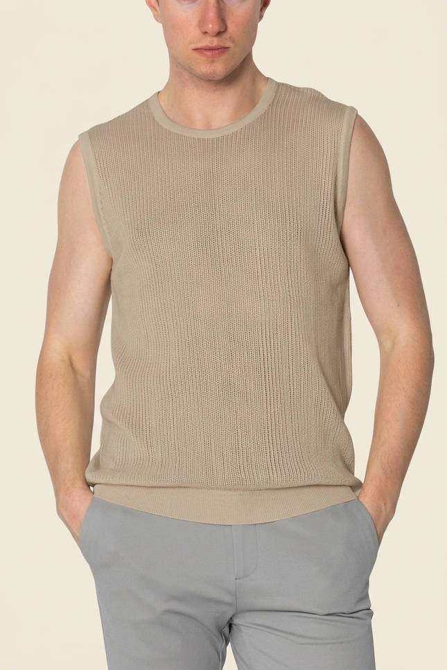 Men's Mesh Knit Tank Top - Beige - Back - Ron Tomson