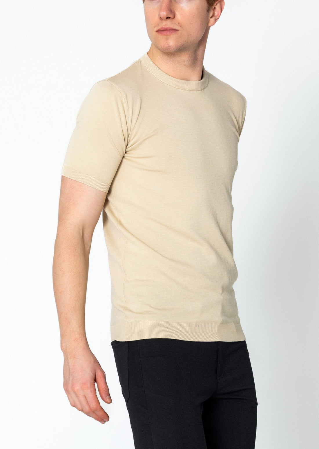 Ribbed Crew-neck Fitted T-shirt - Beige