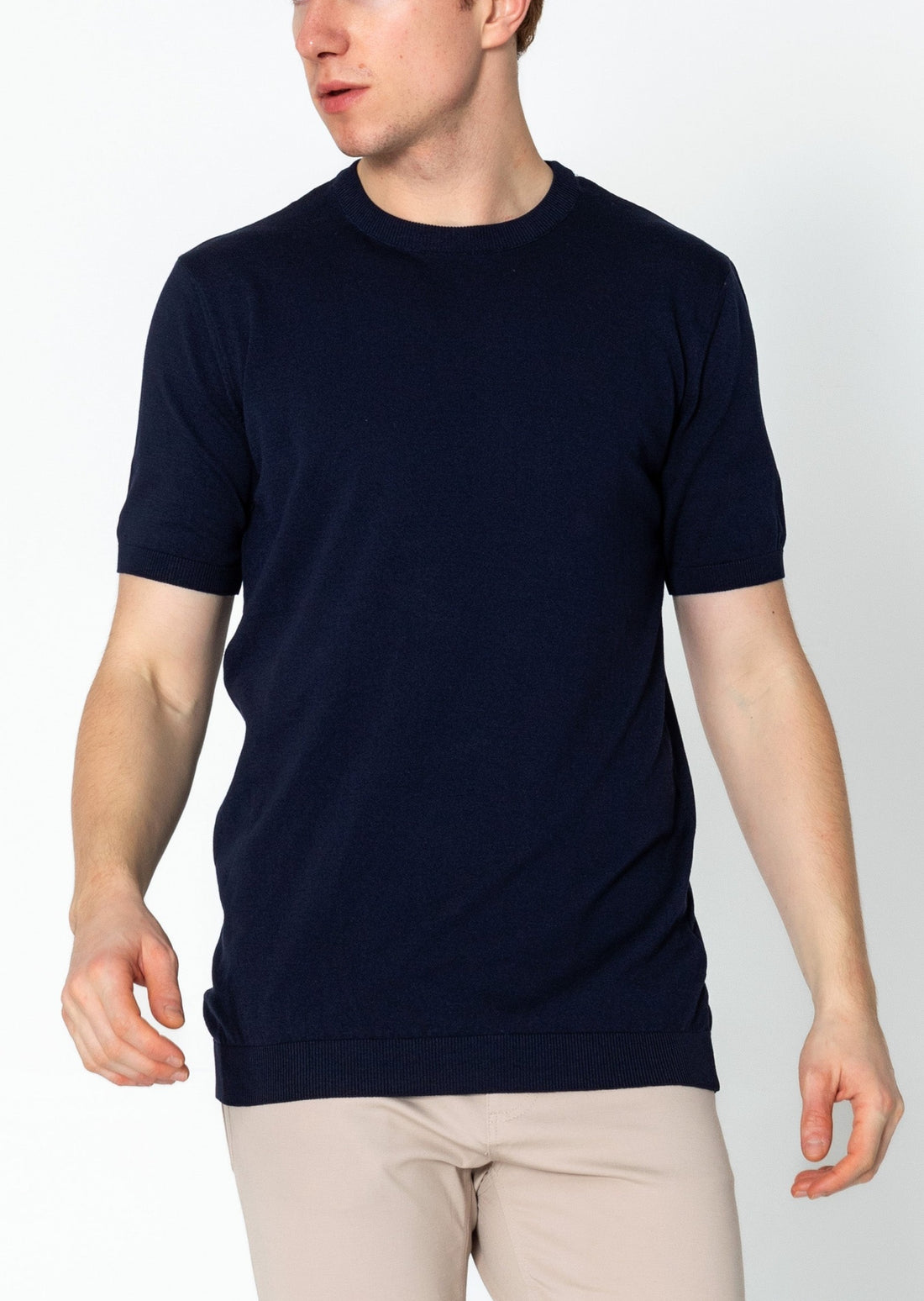 Ribbed Crew-neck Fitted T-shirt - Navy
