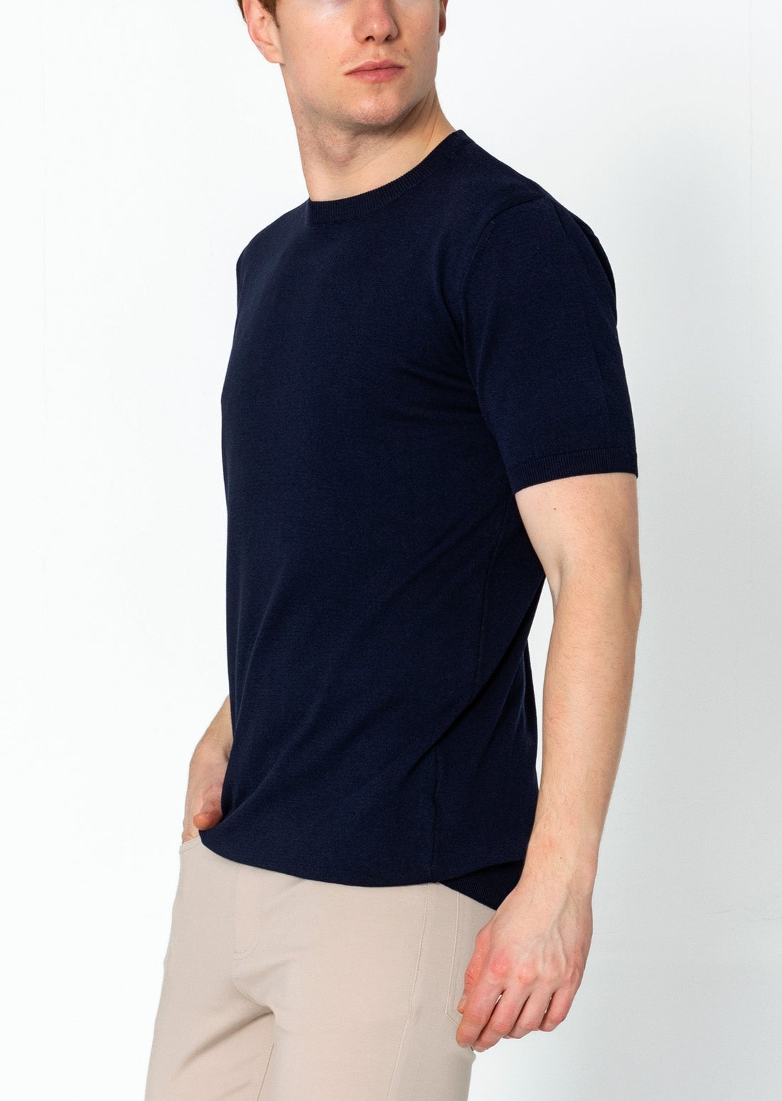 Ribbed Crew-neck Fitted T-shirt - Navy