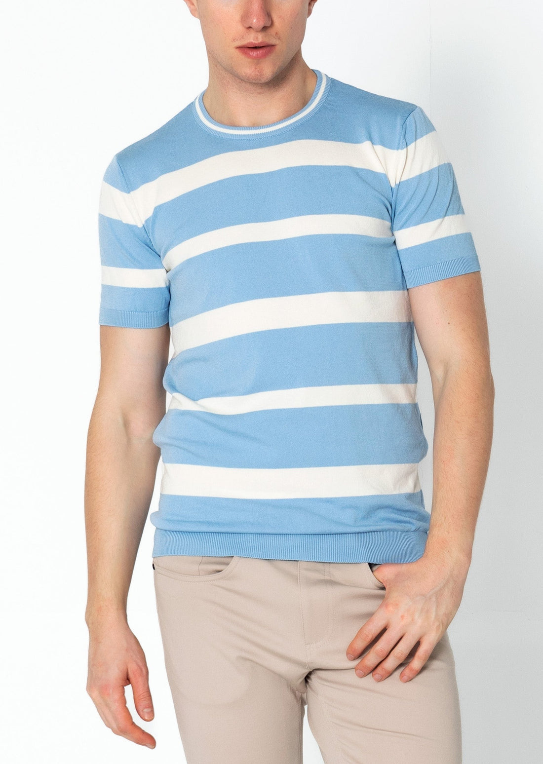 Crew-neck Knitted Striped Shirt - Blue