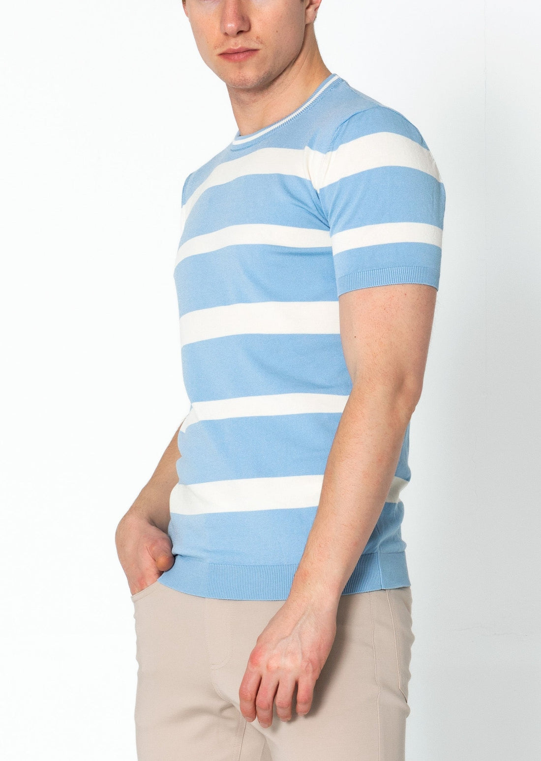 Crew-neck Knitted Striped Shirt - Blue