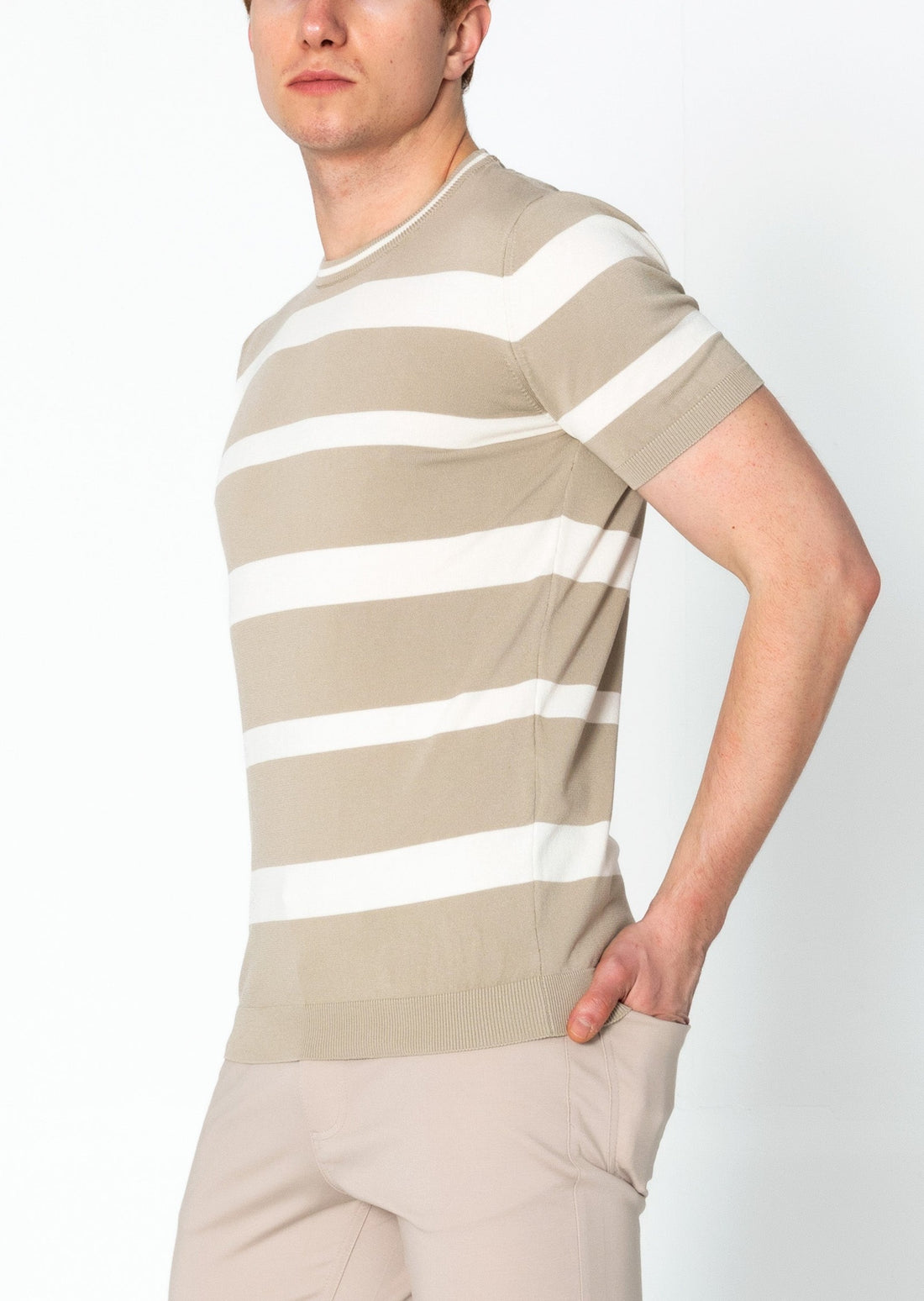 Crew-neck Knitted Striped Shirt - Dark Beige