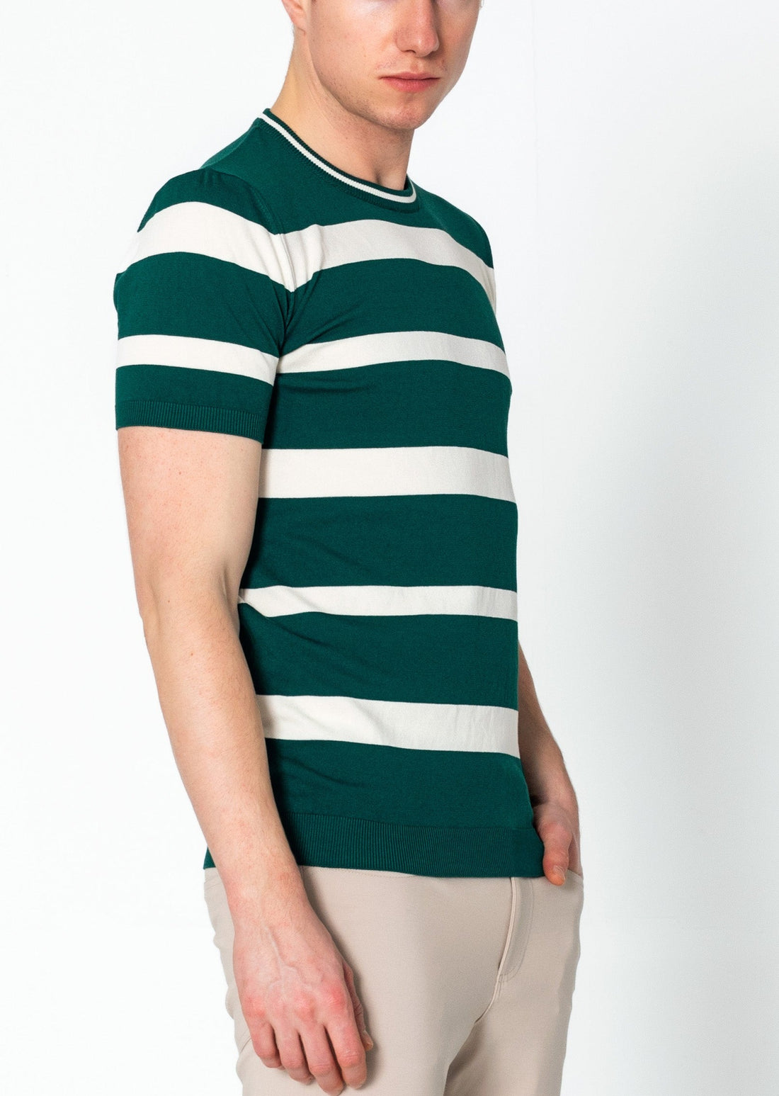 Crew-neck Knitted Striped Shirt - Green