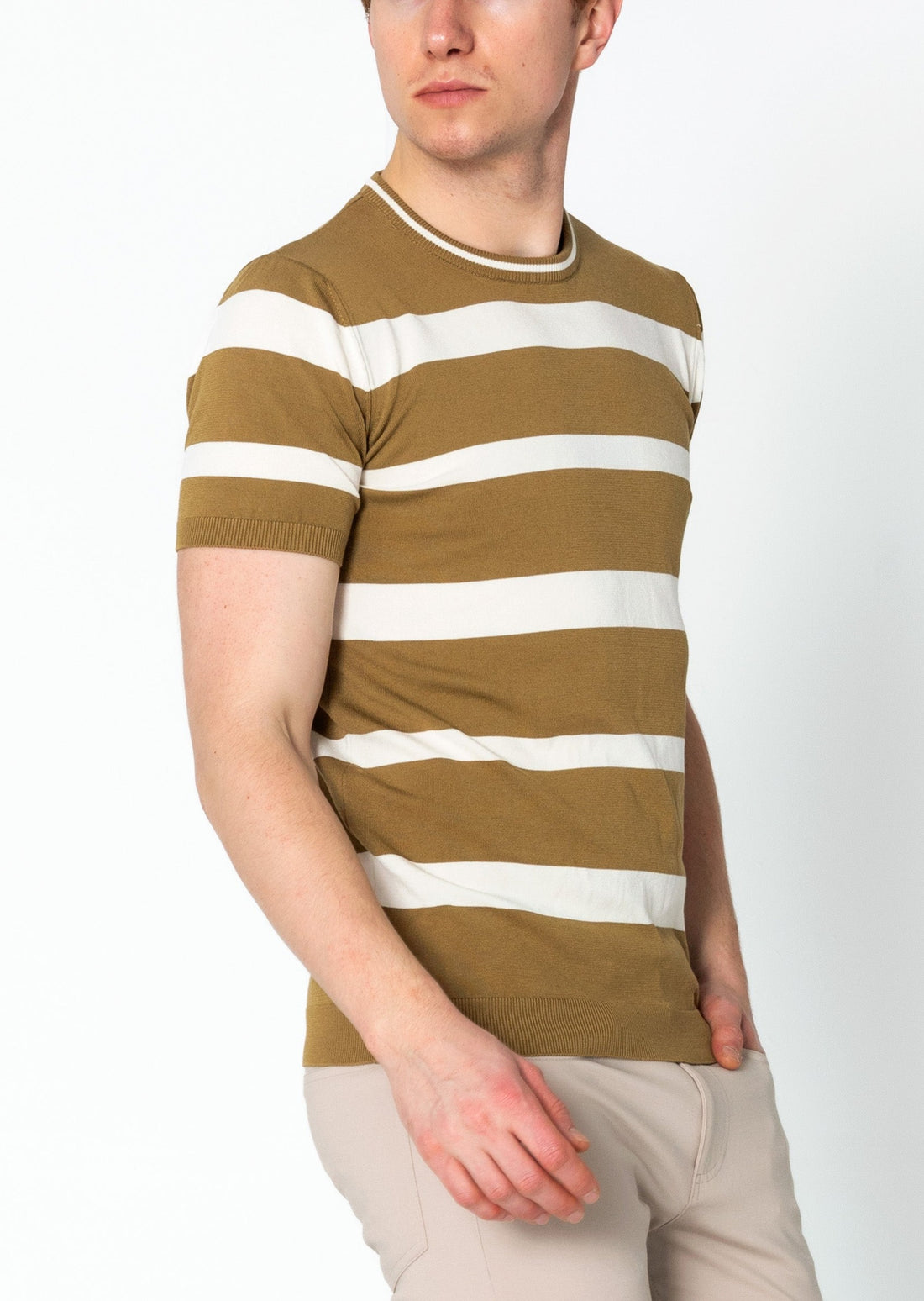 Crew-neck Knitted Striped Shirt - Mustard
