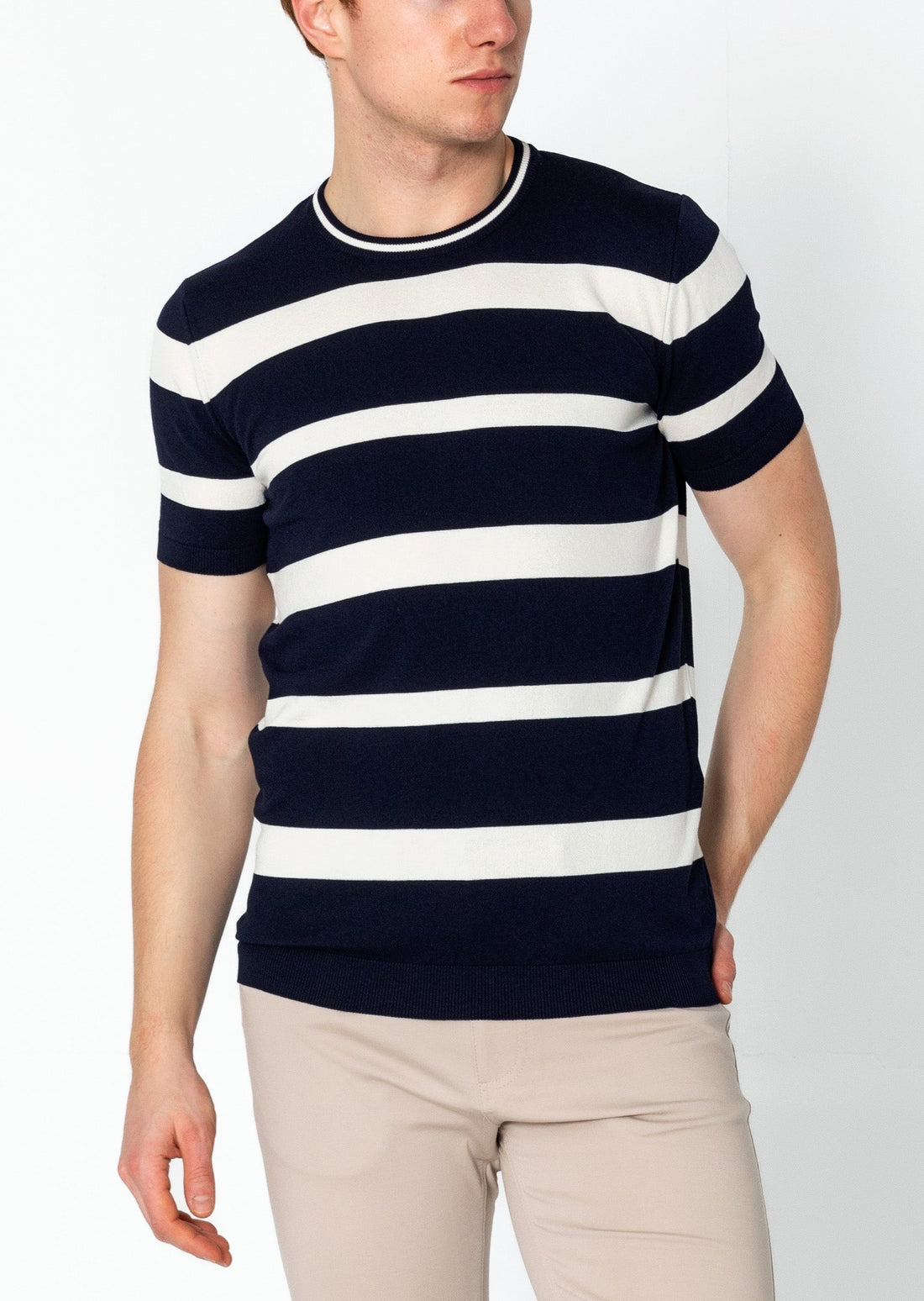 Crew-neck Knitted Striped Shirt - Navy