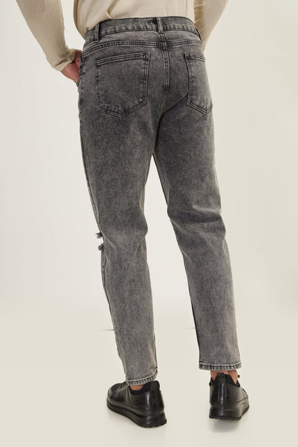 Distressed Straight Leg Denim Jean - Faded Black