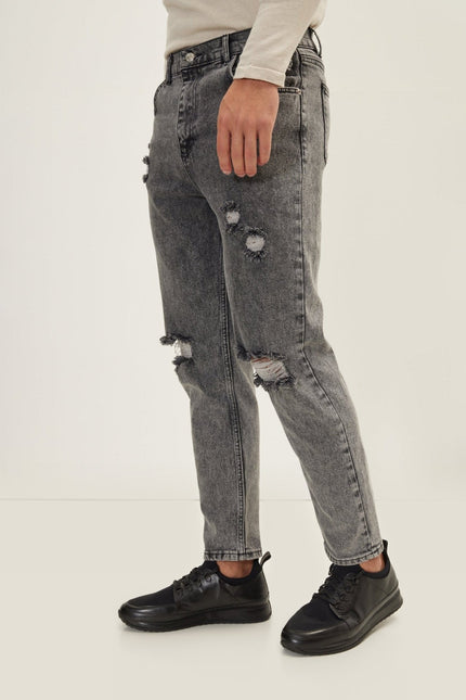 Distressed Straight Leg Denim Jean - Faded Black