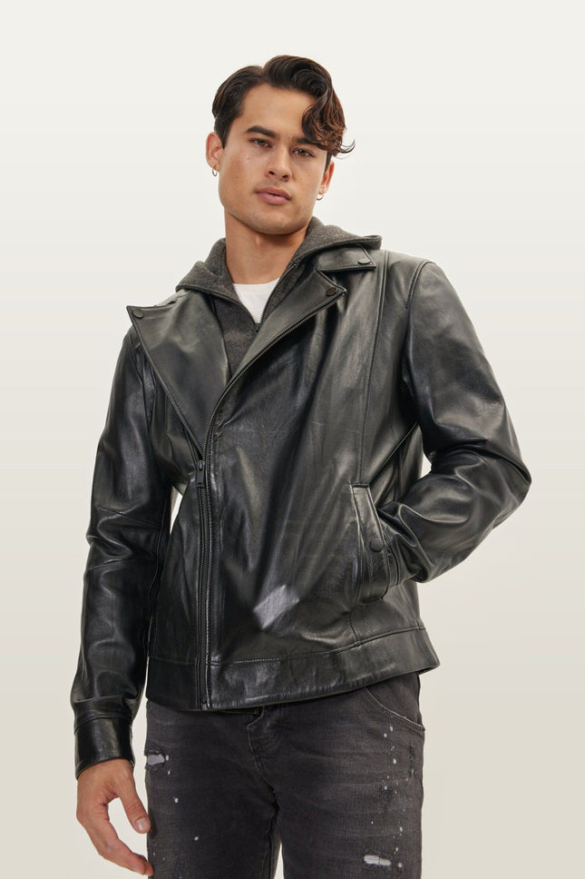 Asymmetric-Zip Leather Motorcycle Jacket - Black