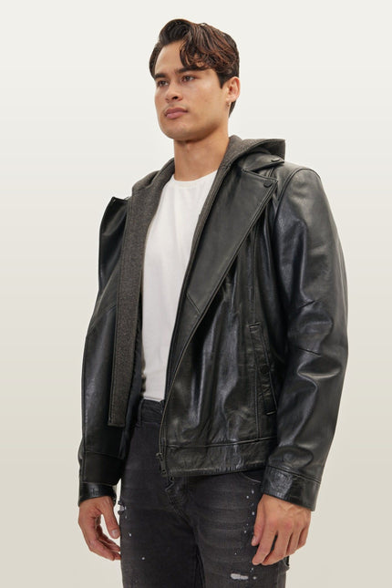 Asymmetric-Zip Leather Motorcycle Jacket - Black
