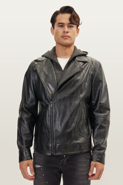 Asymmetric-Zip Leather Motorcycle Jacket - Black