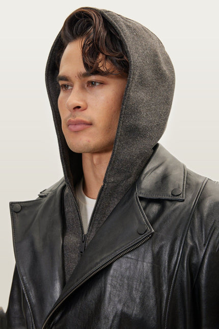 Asymmetric-Zip Leather Motorcycle Jacket - Black