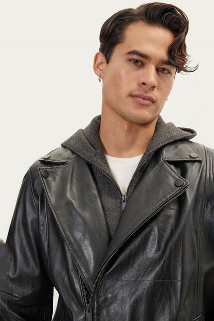 Asymmetric-Zip Leather Motorcycle Jacket - Black