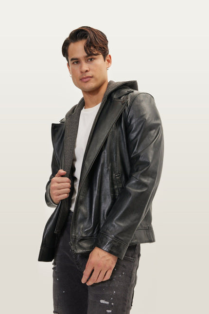 Asymmetric-Zip Leather Motorcycle Jacket - Black