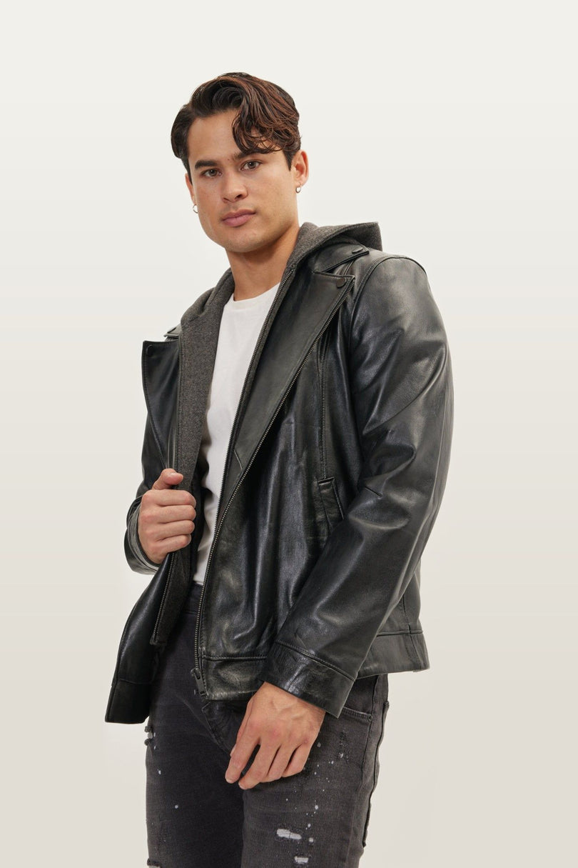 Asymmetric-Zip Leather Motorcycle Jacket - Black
